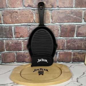 Jim Beam Cast Iron Skillet Set Pre-Seasoned w Wooden Trivet & Mitt JB0159